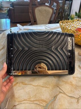 Baldinini Black Quilted Patent Leather Clutch with Gold Accent